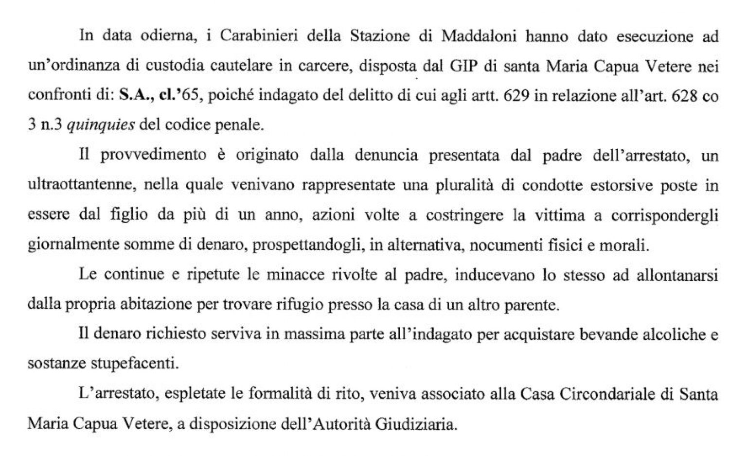 MADDALONI. Minaccia il padre 80enne per farsi dare i soldi: arrestato